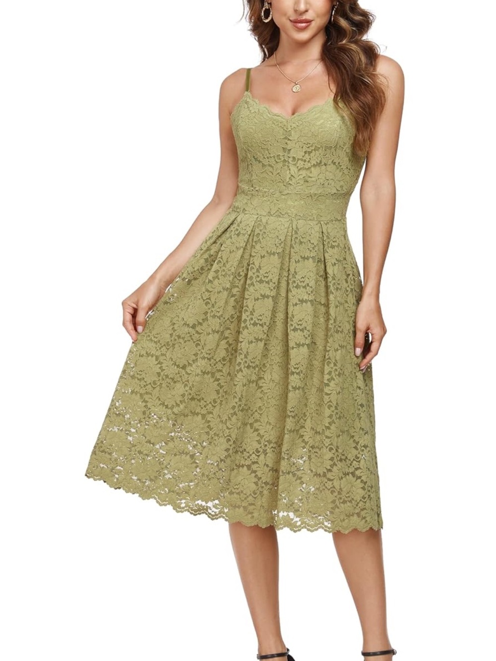 Lace Midi Dress with V-Neck and Spaghetti Straps in Olive